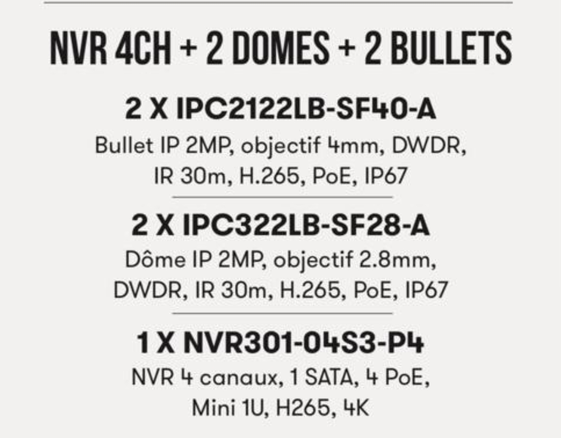 Pack de vidéosurveillance NVR 4CH – 2 Dômes + 2 Bullets